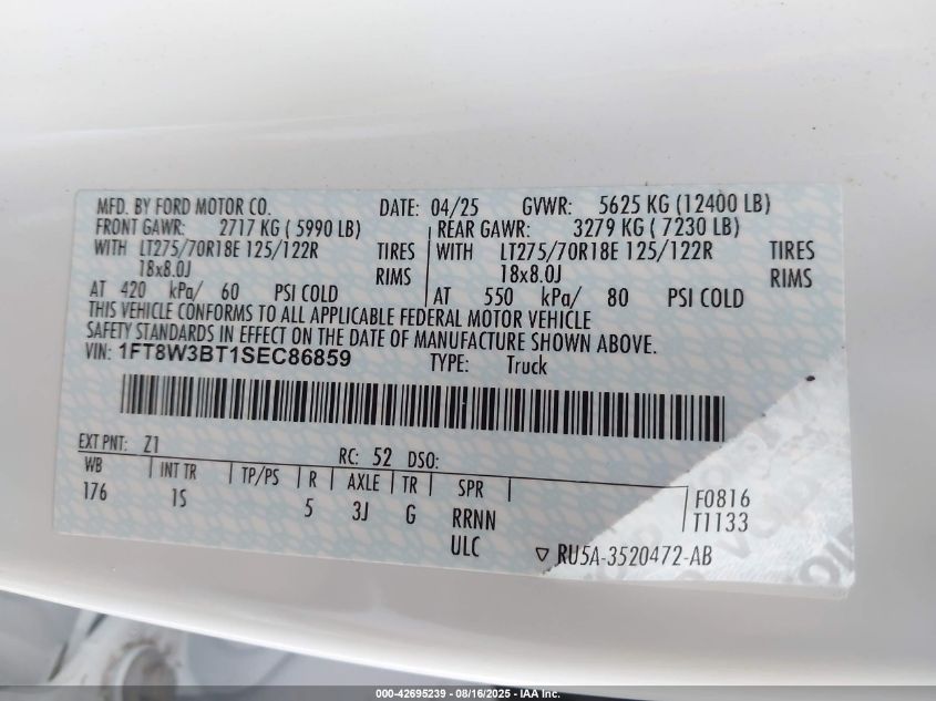 2025 Ford F-350 Xl VIN: 1FT8W3BT1SEC86859 Lot: 42695239