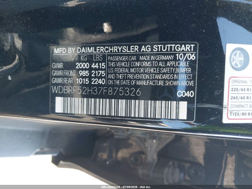 2007 Mercedes-Benz C 230 Sport VIN: WDBRF52H37F875326 Lot: 42695336