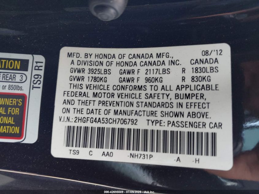 2012 Honda Civic Si VIN: 2HGFG4A53CH706792 Lot: 42695589