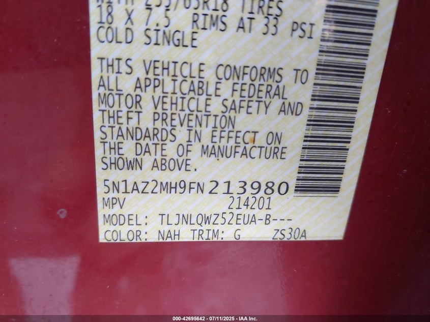 2015 Nissan Murano Sv VIN: 5N1AZ2MH9FN213980 Lot: 42695642