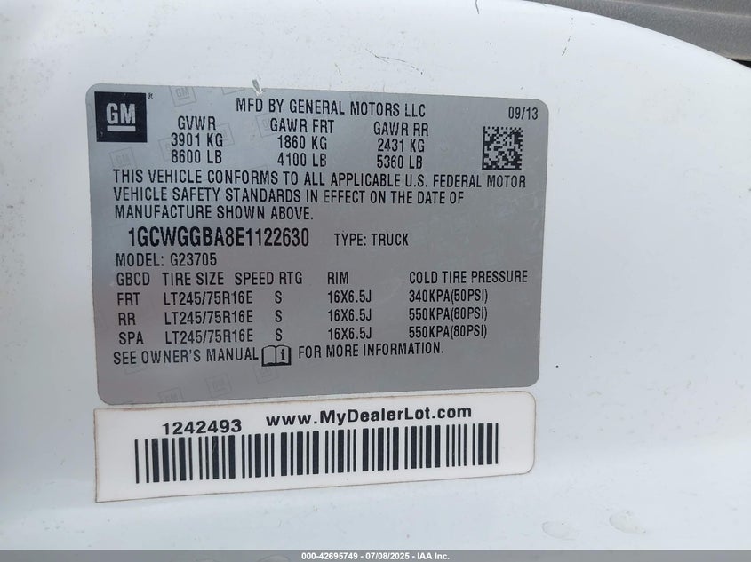 2014 CHEVROLET EXPRESS 2500 WORK VAN - 1GCWGGBA8E1122630