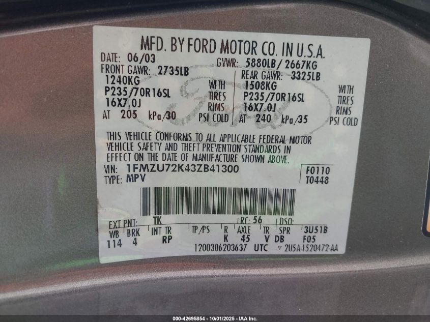 2003 Ford Explorer Xls VIN: 1FMZU72K43ZB41300 Lot: 42695854