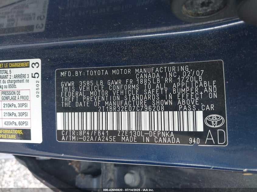 2007 Toyota Corolla Le VIN: 2T1BR32E07C796208 Lot: 42695920