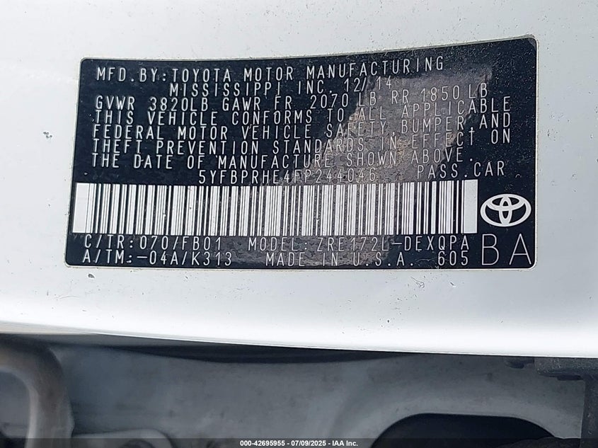 2015 TOYOTA COROLLA - 5YFBPRHE4FP244046