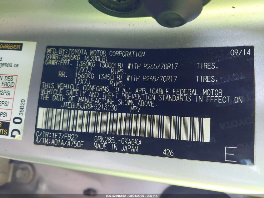 2015 Toyota 4Runner Sr5 VIN: JTEBU5JR8F5213230 Lot: 42696162