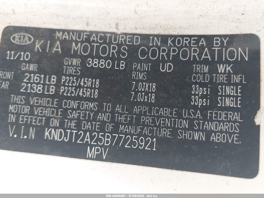 2011 Kia Soul + VIN: KNDJT2A25B7725921 Lot: 42696467