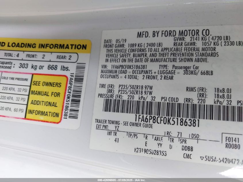 2019 Ford Mustang Gt Premium VIN: 1FA6P8CF0K5186381 Lot: 42696505