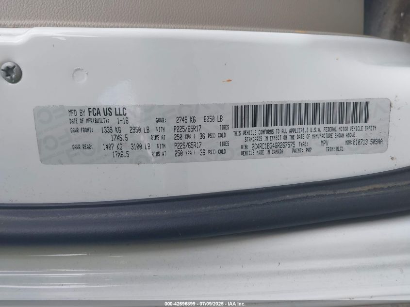 2016 Chrysler Town & Country Touring VIN: 2C4RC1BG4GR267575 Lot: 42696899