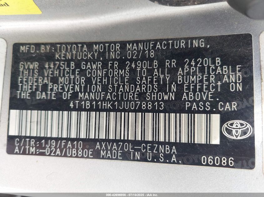 2018 Toyota Camry Le VIN: 4T1B11HK1JU078813 Lot: 42696956