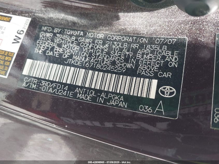 2009 Scion Tc VIN: JTGKDE16718024525 Lot: 42696965