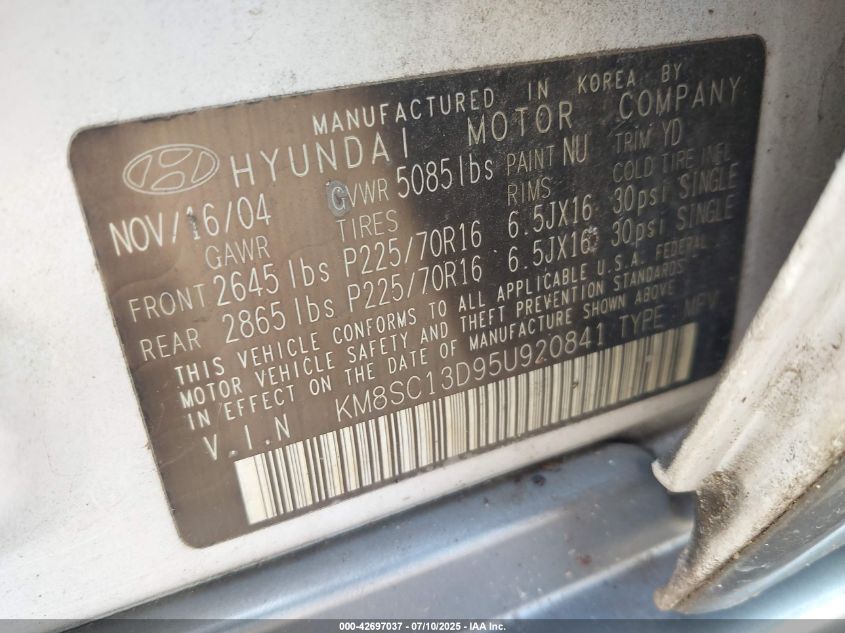 2005 Hyundai Santa Fe Gls VIN: KM8SC13D95U920841 Lot: 42697037