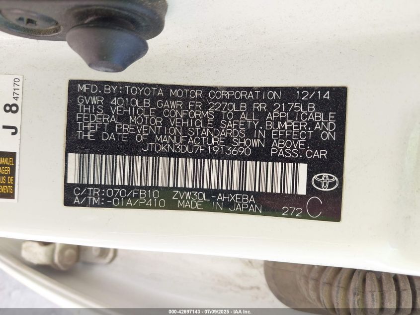 2015 Toyota Prius Two VIN: JTDKN3DU7F1913690 Lot: 42697143