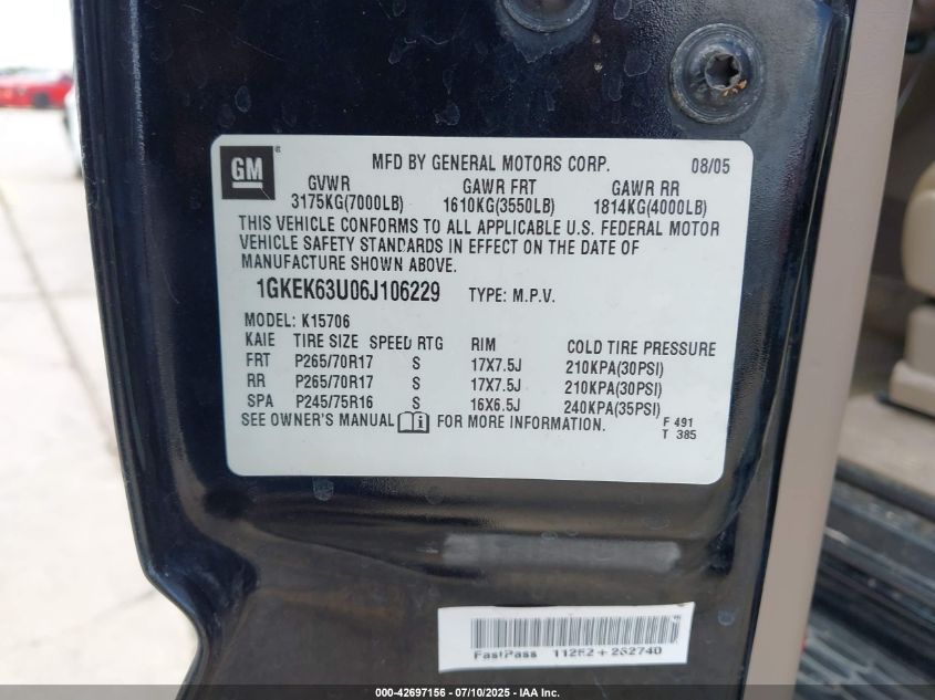 2006 GMC Yukon Denali VIN: 1GKEK63U06J106229 Lot: 42697156