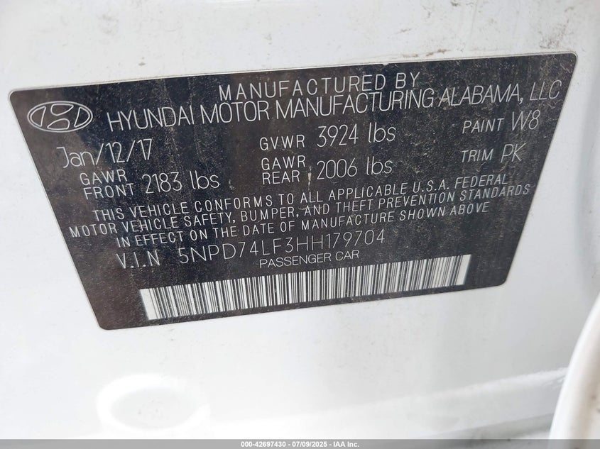 2017 HYUNDAI ELANTRA SE - 5NPD74LF3HH179704