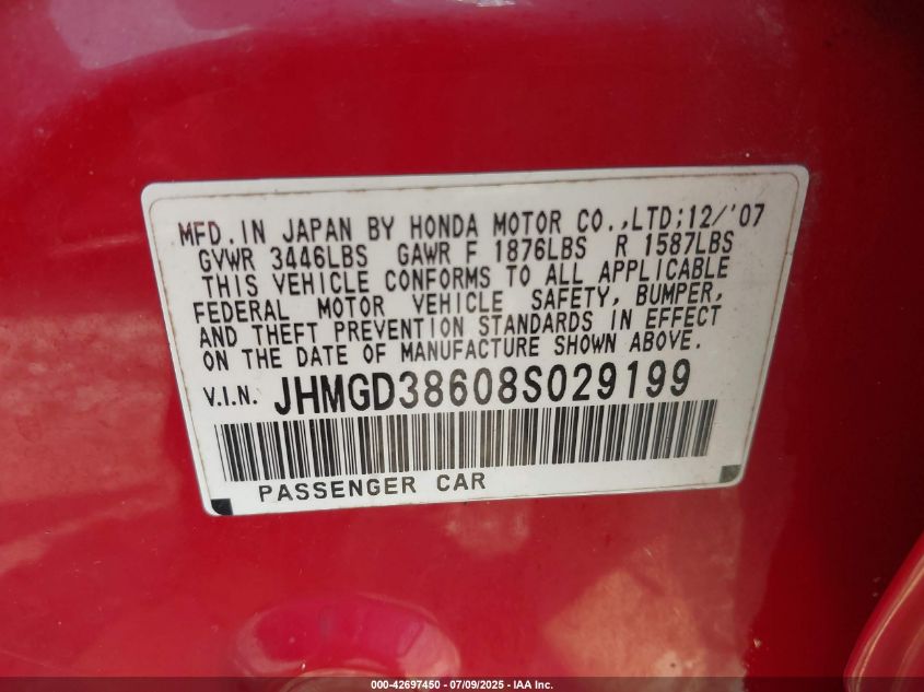 2008 Honda Fit Sport VIN: JHMGD38608S029199 Lot: 42697450