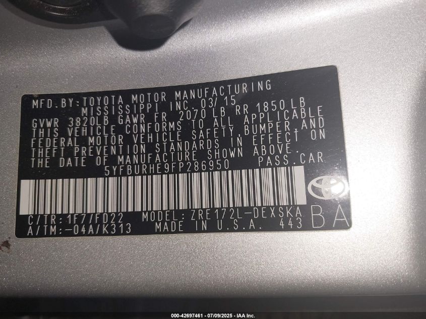 2015 Toyota Corolla S Plus VIN: 5YFBURHE9FP286950 Lot: 42697461