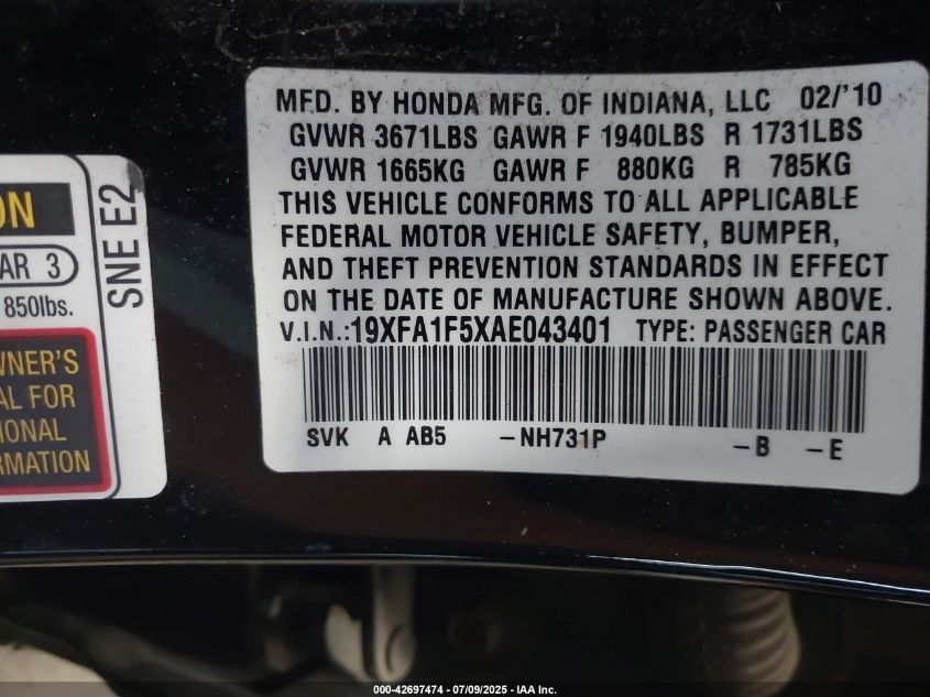 2010 Honda Civic Lx VIN: 19XFA1F5XAE043401 Lot: 42697474