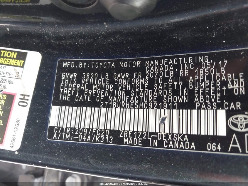 2017 TOYOTA COROLLA VIN: 2T1BURHE5HCG21911