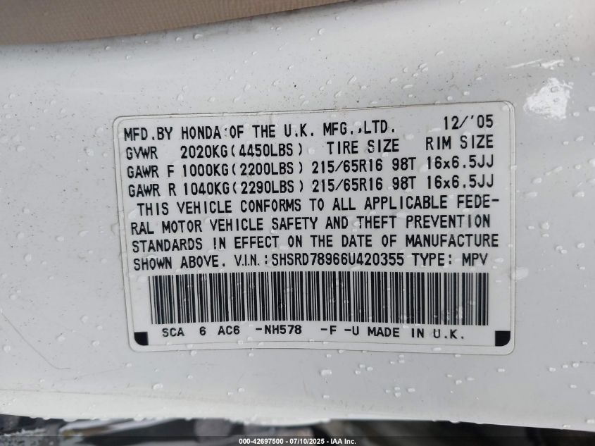 2006 Honda Cr-V Se VIN: SHSRD78966U420355 Lot: 42697500