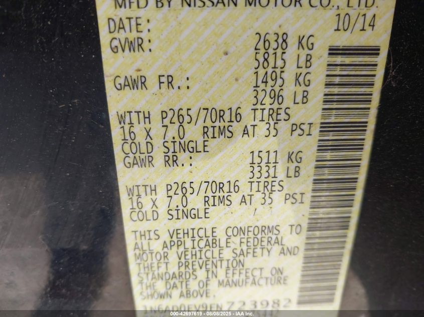 2015 Nissan Frontier Sv VIN: 1N6AD0EV9FN723982 Lot: 42697619