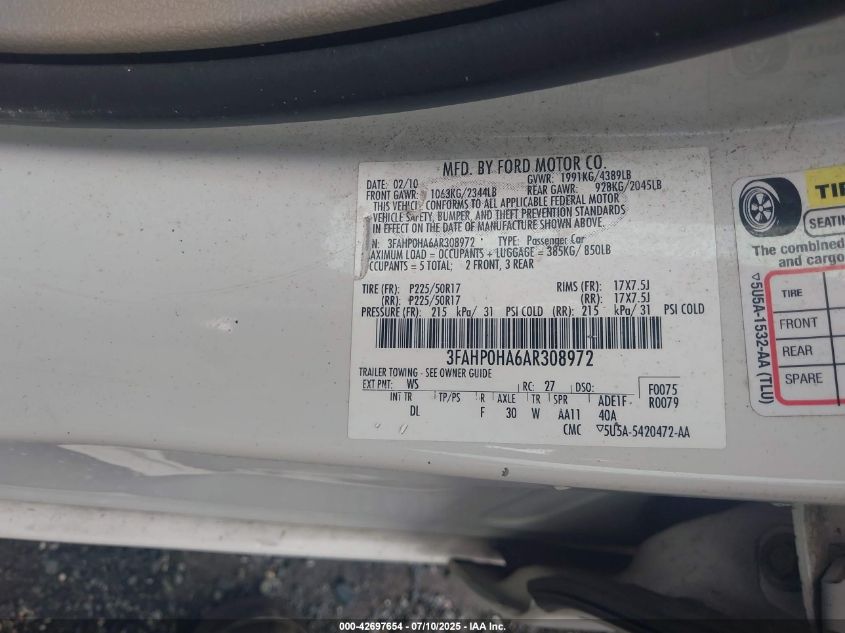 2010 Ford Fusion Se VIN: 3FAHP0HA6AR308972 Lot: 42697654