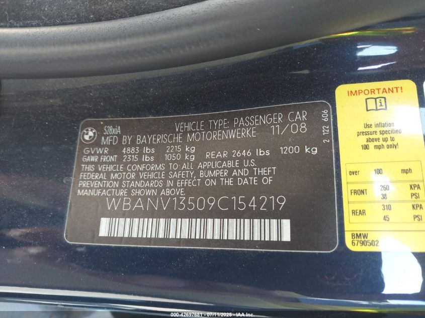 2009 BMW 528I xDrive VIN: WBANV13509C154219 Lot: 42697681