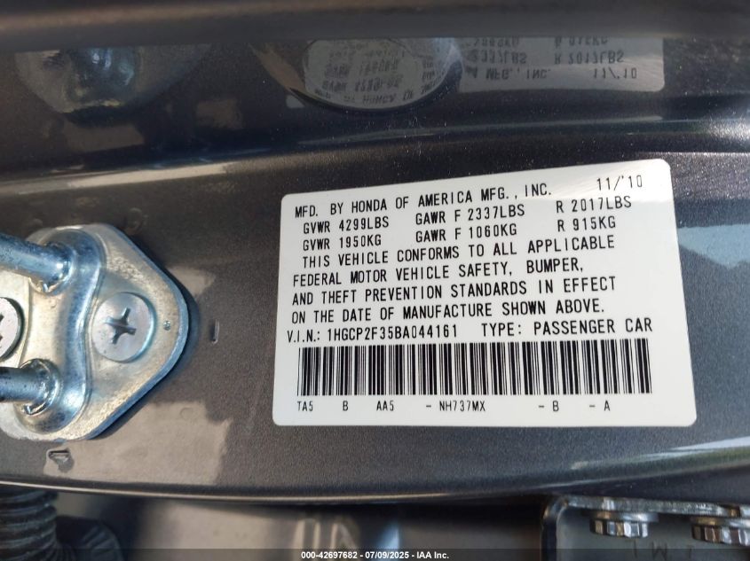 2011 Honda Accord 2.4 Lx VIN: 1HGCP2F35BA044161 Lot: 42697682