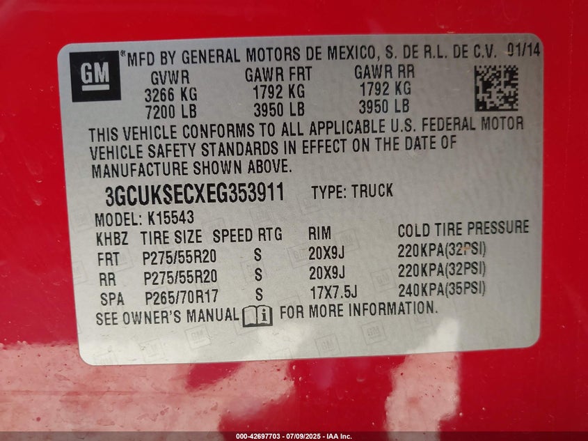 2014 Chevrolet Silverado 1500 1Lz VIN: 3GCUKSECXEG353911 Lot: 42697703