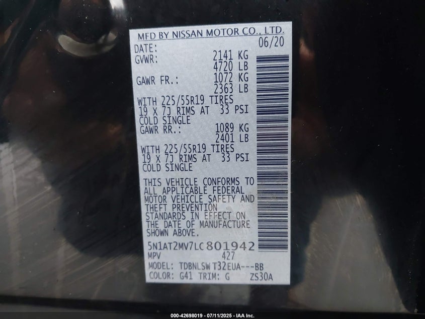 VIN 5N1AT2MV7LC801942 2020 NISSAN ROGUE SL INTELLIGENT AWD