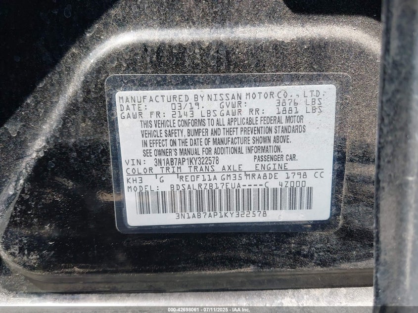 VIN 3N1AB7AP1KY322578 2019 NISSAN SENTRA SR