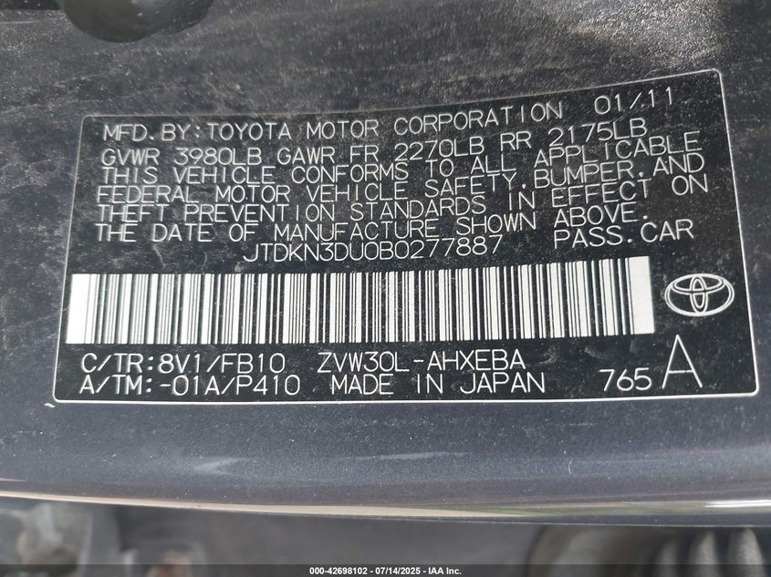 2011 TOYOTA PRIUS VIN: JTDKN3DU0B0277887