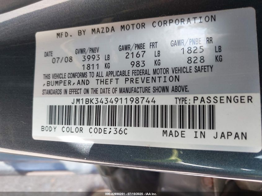 2009 Mazda Mazda3 S Sport VIN: JM1BK343491198744 Lot: 42698251