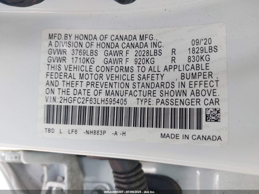 2020 Honda Civic Lx VIN: 2HGFC2F63LH595405 Lot: 42698387