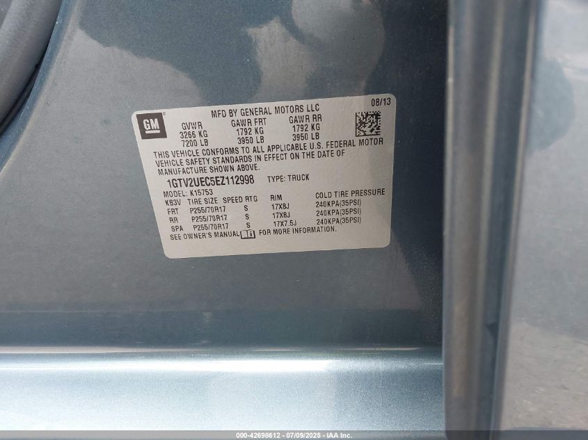 2014 GMC Sierra 1500 Sle VIN: 1GTV2UEC5EZ112998 Lot: 42698612