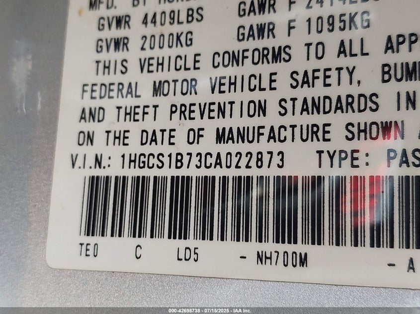 2012 Honda Accord 2.4 Ex VIN: 1HGCS1B73CA022873 Lot: 42698738