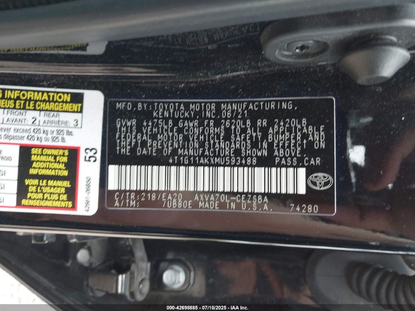 2021 Toyota Camry Se VIN: 4T1G11AKXMU593488 Lot: 42698885