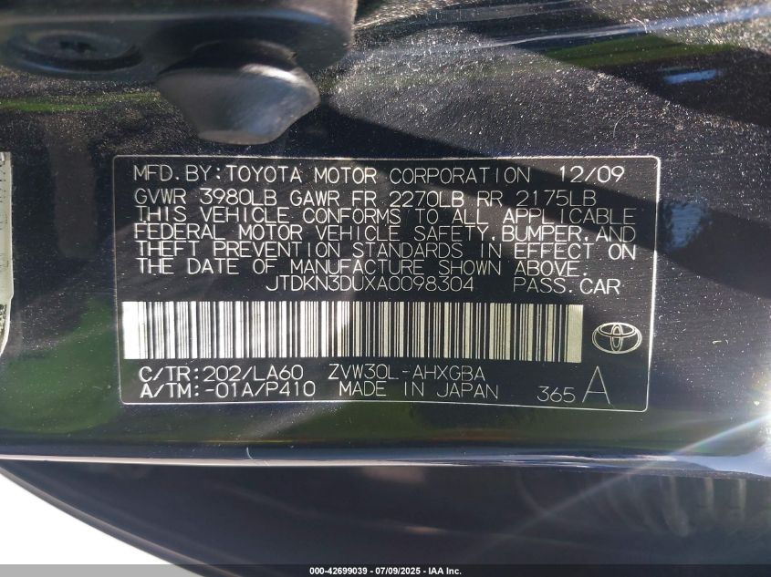 2010 Toyota Prius Iv VIN: JTDKN3DUXA0098304 Lot: 42699039