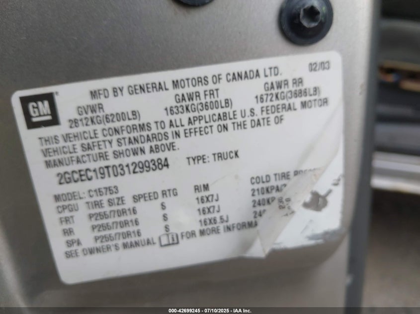 2003 Chevrolet Silverado 1500 Ls VIN: 2GCEC19T031299384 Lot: 42699245