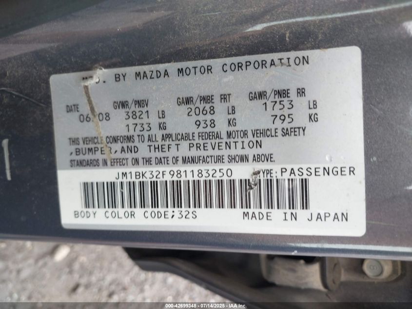2008 Mazda Mazda3 I Touring Value VIN: JM1BK32F981183250 Lot: 42699348