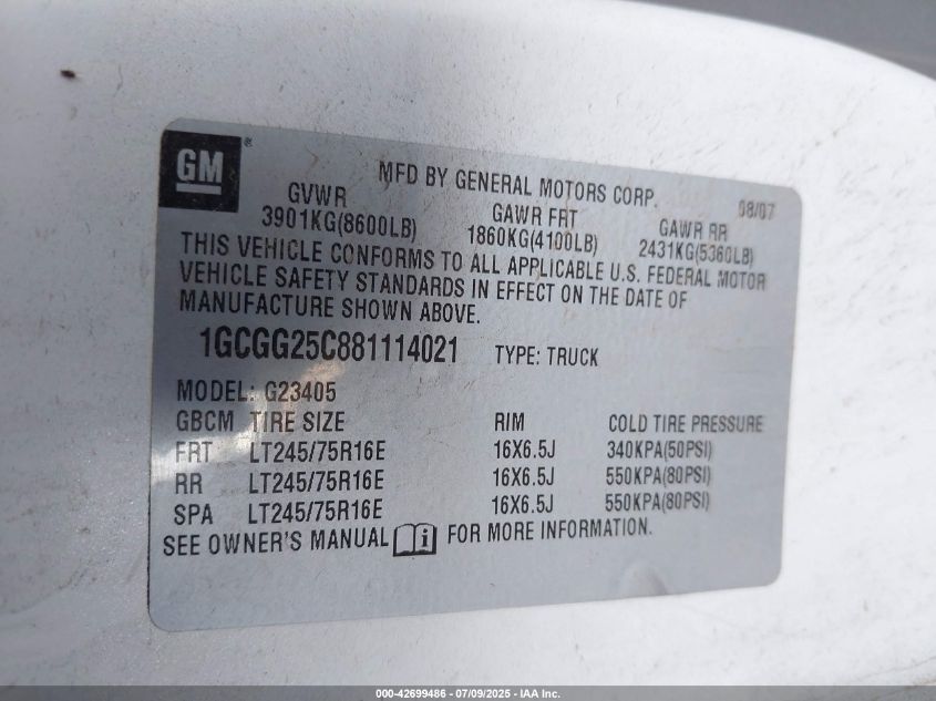 2008 Chevrolet Express Work Van VIN: 1GCGG25C881114021 Lot: 42699486