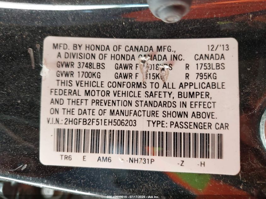 2014 Honda Civic VIN: 28GFB2F51EH506203 Lot: 42699515