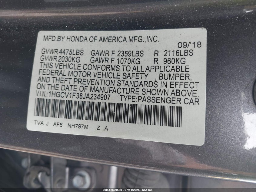 2018 HONDA ACCORD SPORT - 1HGCV1F38JA234907