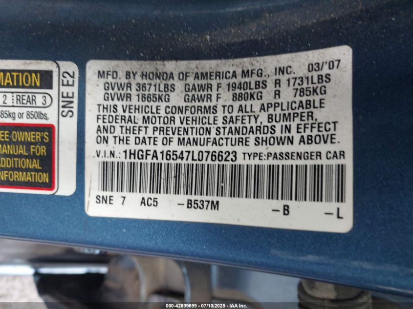 2007 Honda Civic Lx VIN: 1HGFA16547L076623 Lot: 42699699