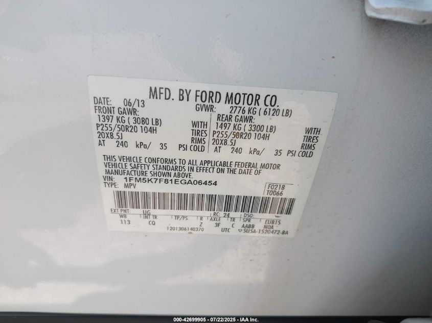 2014 Ford Explorer Limited VIN: 1FM5K7F81EGA06454 Lot: 42699905