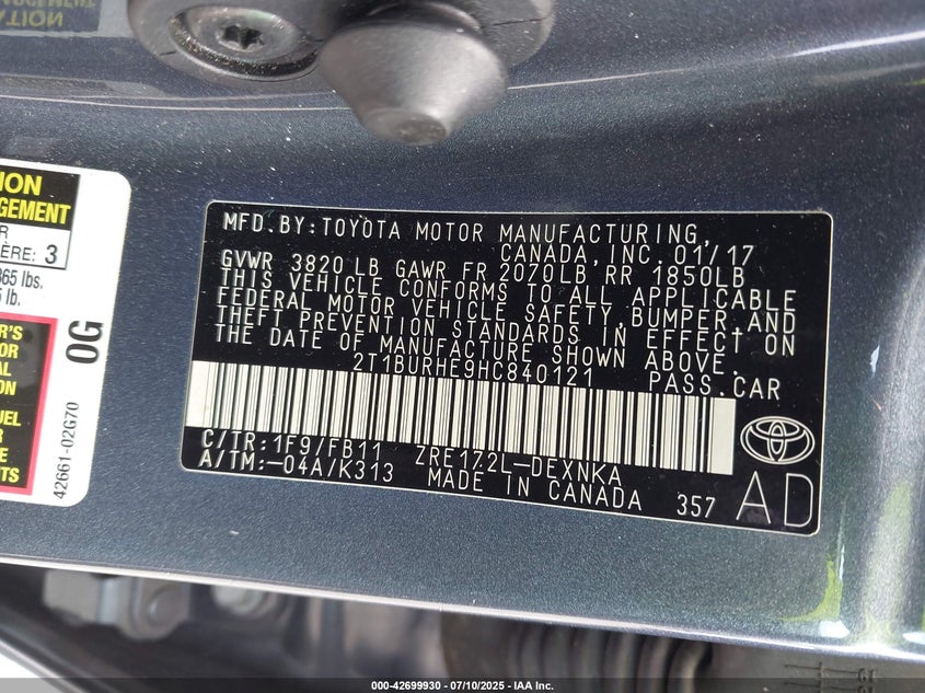 2017 TOYOTA COROLLA LE - 2T1BURHE9HC840121