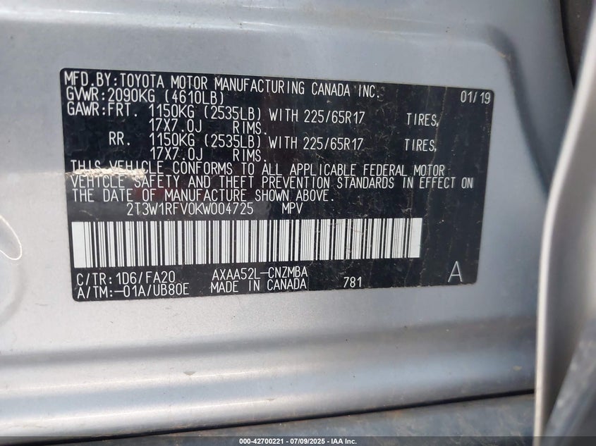 2019 TOYOTA RAV4 XLE - 2T3W1RFV0KW004725