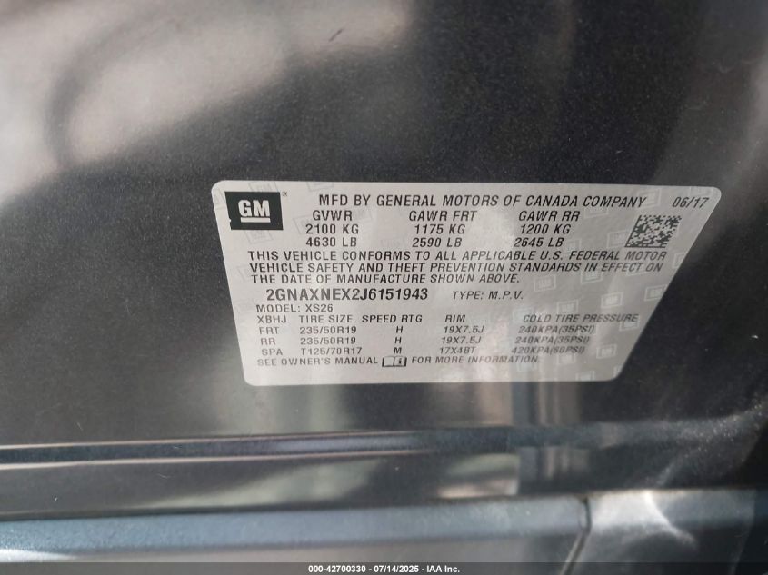 2018 Chevrolet Equinox Premier VIN: 2GNAXNEX2J6151943 Lot: 42700330