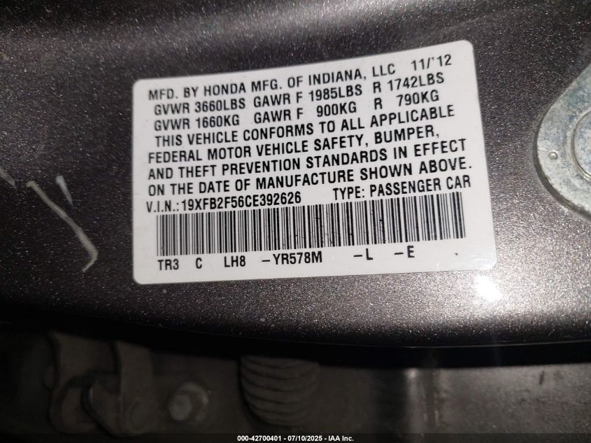 2012 Honda Civic Lx VIN: 19XFB2F56CE392626 Lot: 42700401