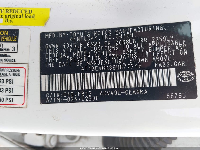 2009 TOYOTA CAMRY VIN: 4T1BE46K89U877718