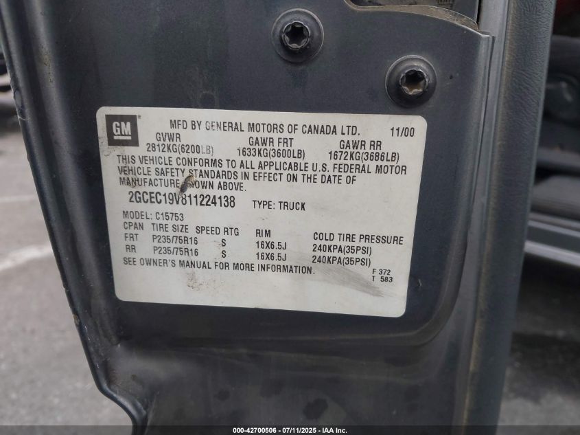 2001 Chevrolet Silverado 1500 Ls VIN: 2GCEC19V811224138 Lot: 42700506